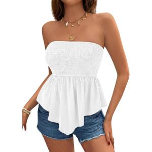 image:imagePRETTYGARDEN Womens Strapless Smocked Tube Tops Summer 2026 Trendy Flowy Peplum Bandeau Shirts Going Out Date Spring ClothesWhite