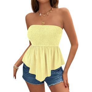 image:imagePRETTYGARDEN Womens Strapless Smocked Tube Tops Summer 2026 Trendy Flowy Peplum Bandeau Shirts Going Out Date Spring ClothesYellow
