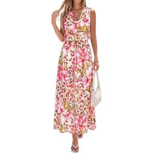 image:imagePRETTYGARDEN Womens Summer Floral Maxi Dresses 2026 Spring Sleeveless Cowl Neck Flowy Beach Vacation Wedding Guest Long DressFloral Apricot Pink