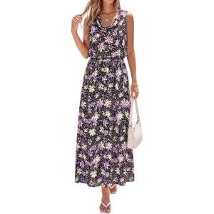 image:imagePRETTYGARDEN Womens Summer Floral Maxi Dresses 2026 Spring Sleeveless Cowl Neck Flowy Beach Vacation Wedding Guest Long DressFlower Black Purple