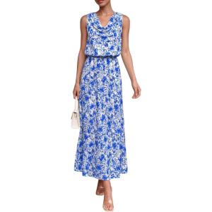image:imagePRETTYGARDEN Womens Summer Floral Maxi Dresses 2026 Spring Sleeveless Cowl Neck Flowy Beach Vacation Wedding Guest Long DressWhite Blue Flower