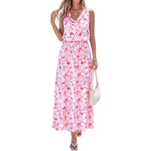 image:imagePRETTYGARDEN Womens Summer Floral Maxi Dresses 2026 Spring Sleeveless Cowl Neck Flowy Beach Vacation Wedding Guest Long DressWhite Pink Flower