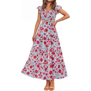 image:imagePRETTYGARDEN Womens Summer Flowy Maxi Dress Casual Cap Sleeve V Neck Smocked Beach SundressFloral Blue Red