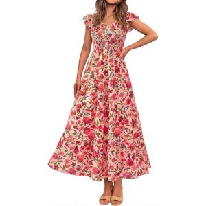 image:imagePRETTYGARDEN Womens Summer Flowy Maxi Dress Casual Cap Sleeve V Neck Smocked Beach SundressFloral Orange Pink Red