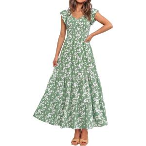 image:imagePRETTYGARDEN Womens Summer Flowy Maxi Dress Casual Cap Sleeve V Neck Smocked Beach SundressLeaves Light Green