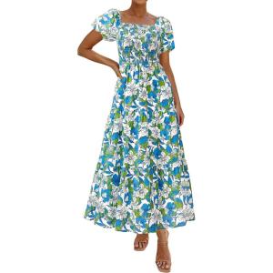 image:imagePRETTYGARDEN Womens Summer Puff Short Sleeve Maxi Dress Square Neck Smocked Tiered Ruffle A Line Long Flowy Beach DressesFloral Blue Green