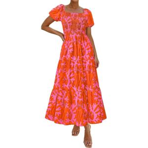 image:imagePRETTYGARDEN Womens Summer Puff Short Sleeve Maxi Dress Square Neck Smocked Tiered Ruffle A Line Long Flowy Beach DressesFloral Orange Pink