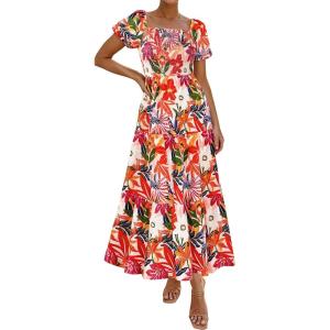 image:imagePRETTYGARDEN Womens Summer Puff Short Sleeve Maxi Dress Square Neck Smocked Tiered Ruffle A Line Long Flowy Beach DressesFloral Pink Orange