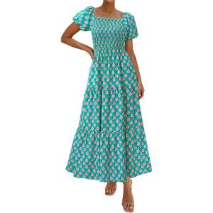 image:imagePRETTYGARDEN Womens Summer Puff Short Sleeve Maxi Dress Square Neck Smocked Tiered Ruffle A Line Long Flowy Beach DressesGreen Pink Flower