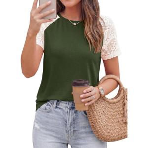 image:imagePRETTYGARDEN Womens Summer Tops Casual 2026 Lace Raglan Short Sleeve T Shirts Basic Tees Spring Fashion Blouse ClothesArmy Green