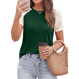image:imagePRETTYGARDEN Womens Summer Tops Casual 2026 Lace Raglan Short Sleeve T Shirts Basic Tees Spring Fashion Blouse ClothesDark Green