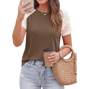 image:imagePRETTYGARDEN Womens Summer Tops Casual 2026 Lace Raglan Short Sleeve T Shirts Basic Tees Spring Fashion Blouse ClothesDark Khaki
