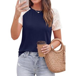 image:imagePRETTYGARDEN Womens Summer Tops Casual 2026 Lace Raglan Short Sleeve T Shirts Basic Tees Spring Fashion Blouse ClothesNavy Blue