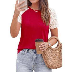 image:imagePRETTYGARDEN Womens Summer Tops Casual 2026 Lace Raglan Short Sleeve T Shirts Basic Tees Spring Fashion Blouse ClothesRed