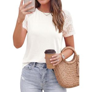 image:imagePRETTYGARDEN Womens Summer Tops Casual 2026 Lace Raglan Short Sleeve T Shirts Basic Tees Spring Fashion Blouse ClothesWhite