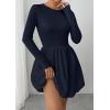 image:imagePRETTYGARDEN Fall Dresses for Women 2026 Casual Long Sleeve Bubble Cute Crew Neck A Line Mini Short Dress with PocketsNavy