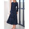 image:imagePRETTYGARDEN Long Sleeve Dress for Women 2026 Fall Elegant Modest Floral Boho Smocked Flowy Wedding Guest Midi DressesNavy