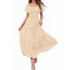 image:imagePRETTYGARDEN Summer Dresses for Women 2026 Boho Maxi Smocked Spring Wedding Guest Square Neck Short Sleeve Swiss Dot DressBeige
