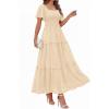 image:imagePRETTYGARDEN Summer Dresses for Women 2026 Boho Maxi Smocked Spring Wedding Guest Square Neck Short Sleeve Swiss Dot DressBeige