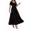 image:imagePRETTYGARDEN Summer Dresses for Women 2026 Boho Maxi Smocked Spring Wedding Guest Square Neck Short Sleeve Swiss Dot DressBlack