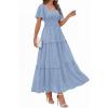 image:imagePRETTYGARDEN Summer Dresses for Women 2026 Boho Maxi Smocked Spring Wedding Guest Square Neck Short Sleeve Swiss Dot DressLight Blue