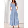 image:imagePRETTYGARDEN Summer Dresses for Women 2026 Boho Maxi Smocked Spring Wedding Guest Square Neck Short Sleeve Swiss Dot DressLight Blue