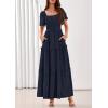 image:imagePRETTYGARDEN Summer Dresses for Women 2026 Boho Maxi Smocked Spring Wedding Guest Square Neck Short Sleeve Swiss Dot DressNavy Blue