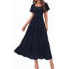 image:imagePRETTYGARDEN Summer Dresses for Women 2026 Boho Maxi Smocked Spring Wedding Guest Square Neck Short Sleeve Swiss Dot DressNavy Blue