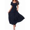 image:imagePRETTYGARDEN Summer Dresses for Women 2026 Boho Maxi Smocked Spring Wedding Guest Square Neck Short Sleeve Swiss Dot DressNavy Blue