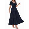 image:imagePRETTYGARDEN Summer Dresses for Women 2026 Boho Maxi Smocked Spring Wedding Guest Square Neck Short Sleeve Swiss Dot DressNavy Blue