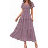 image:imagePRETTYGARDEN Summer Dresses for Women 2026 Boho Maxi Smocked Spring Wedding Guest Square Neck Short Sleeve Swiss Dot DressPurple