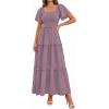 image:imagePRETTYGARDEN Summer Dresses for Women 2026 Boho Maxi Smocked Spring Wedding Guest Square Neck Short Sleeve Swiss Dot DressPurple