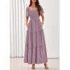 image:imagePRETTYGARDEN Summer Dresses for Women 2026 Boho Maxi Smocked Spring Wedding Guest Square Neck Short Sleeve Swiss Dot DressPurple