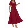 image:imagePRETTYGARDEN Summer Dresses for Women 2026 Boho Maxi Smocked Spring Wedding Guest Square Neck Short Sleeve Swiss Dot DressRed