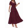 image:imagePRETTYGARDEN Summer Dresses for Women 2026 Boho Maxi Smocked Spring Wedding Guest Square Neck Short Sleeve Swiss Dot DressWine Red