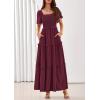 image:imagePRETTYGARDEN Summer Dresses for Women 2026 Boho Maxi Smocked Spring Wedding Guest Square Neck Short Sleeve Swiss Dot DressWine Red