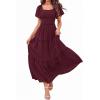 image:imagePRETTYGARDEN Summer Dresses for Women 2026 Boho Maxi Smocked Spring Wedding Guest Square Neck Short Sleeve Swiss Dot DressWine Red