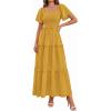 image:imagePRETTYGARDEN Summer Dresses for Women 2026 Boho Maxi Smocked Spring Wedding Guest Square Neck Short Sleeve Swiss Dot DressYellow