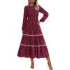 image:imagePRETTYGARDEN Long Sleeve Dress for Women 2026 Fall Elegant Modest Floral Boho Smocked Flowy Wedding Guest Midi DressesWine Red