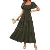 image:imagePRETTYGARDEN Summer Dresses for Women 2026 Boho Maxi Smocked Spring Wedding Guest Square Neck Short Sleeve Swiss Dot DressArmy Green