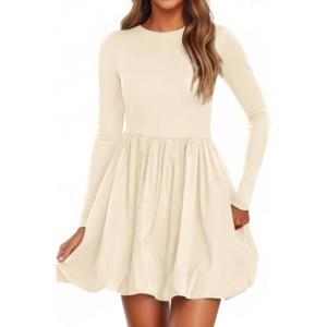 image:imagePRETTYGARDEN Fall Dresses for Women 2026 Casual Long Sleeve Bubble Cute Crew Neck A Line Mini Short Dress with PocketsApricot