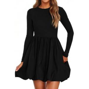 image:imagePRETTYGARDEN Fall Dresses for Women 2026 Casual Long Sleeve Bubble Cute Crew Neck A Line Mini Short Dress with PocketsBlack