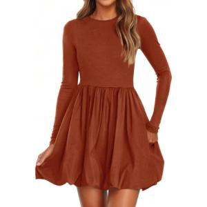 image:imagePRETTYGARDEN Fall Dresses for Women 2026 Casual Long Sleeve Bubble Cute Crew Neck A Line Mini Short Dress with PocketsBrick Red