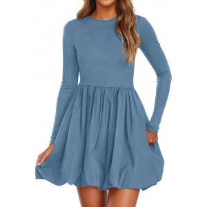 image:imagePRETTYGARDEN Fall Dresses for Women 2026 Casual Long Sleeve Bubble Cute Crew Neck A Line Mini Short Dress with PocketsGrey Blue