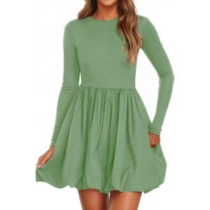 image:imagePRETTYGARDEN Fall Dresses for Women 2026 Casual Long Sleeve Bubble Cute Crew Neck A Line Mini Short Dress with PocketsLight Green
