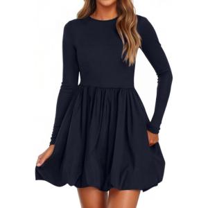 image:imagePRETTYGARDEN Fall Dresses for Women 2026 Casual Long Sleeve Bubble Cute Crew Neck A Line Mini Short Dress with PocketsNavy