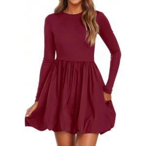 image:imagePRETTYGARDEN Fall Dresses for Women 2026 Casual Long Sleeve Bubble Cute Crew Neck A Line Mini Short Dress with PocketsWine Red