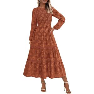 image:imagePRETTYGARDEN Long Sleeve Dress for Women 2026 Fall Elegant Modest Floral Boho Smocked Flowy Wedding Guest Midi DressesBrick Red
