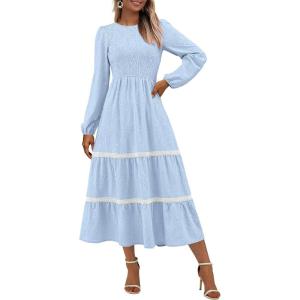 image:imagePRETTYGARDEN Long Sleeve Dress for Women 2026 Fall Elegant Modest Floral Boho Smocked Flowy Wedding Guest Midi DressesLight Blue