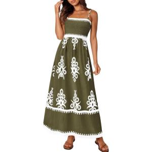 image:imagePRETTYGARDEN Summer Dress for Women 2026 Floral Sundress Spaghetti Strap Flowy Beach Vacation Boho Maxi DressesArmy Green White Floral